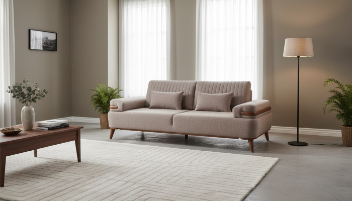 Ontwerper Beige 3-zits bank Woonkamer Houten frame Luxe bankstel