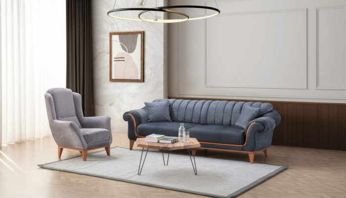 Blauw-grijze woonkamerset Stijlvolle 3-zits luxe fauteuil 2-delig