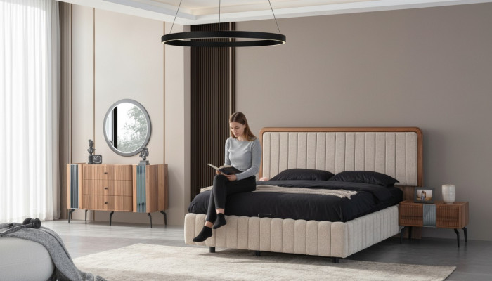 Helder slaapkamer meubilair tweepersoonsbed kaptafel spiegel 2x nachtkastjes