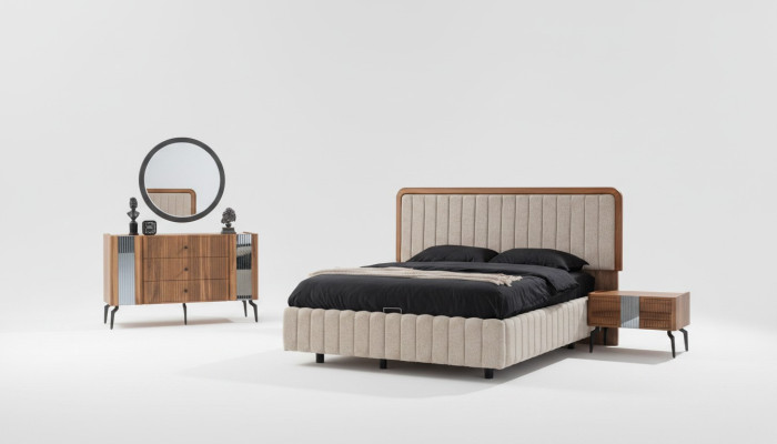 Helder slaapkamer meubilair tweepersoonsbed kaptafel spiegel 2x nachtkastjes