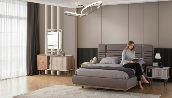 Edel slaapkamerset Gestoffeerd bed Nachtkastjes Kaptafel Spiegel