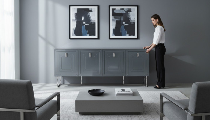Grijze woonkamer dressoir Luxe houten meubels 4-deurs design commode