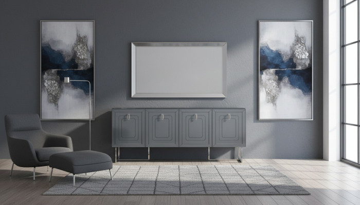 Grijze woonkamer dressoir Luxe houten meubels 4-deurs design commode