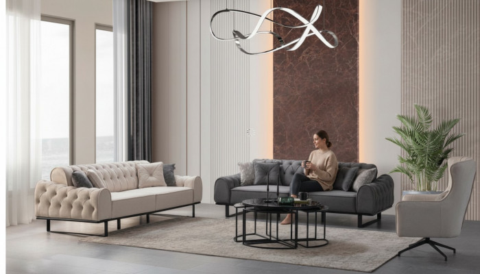 Wit-grijze Chesterfield bankstel Designer gestoffeerde fauteuil 3-delige set