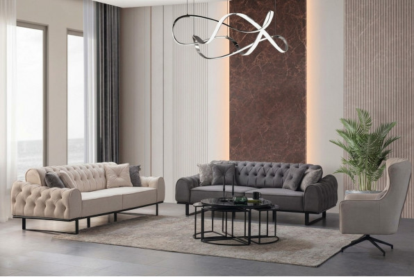 Wit-grijze Chesterfield bankstel Designer gestoffeerde fauteuil 3-delige set