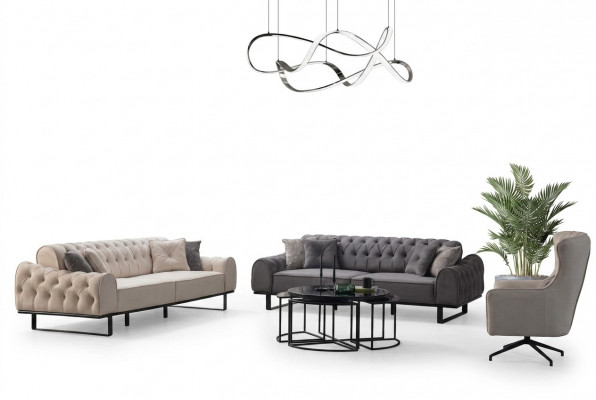 Wit-grijze Chesterfield bankstel Designer gestoffeerde fauteuil 3-delige set