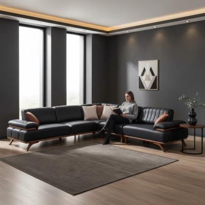 Zwarte hoekbank Ontwerper L-vorm Luxueuze bank Woonkamer Zitmeubilair