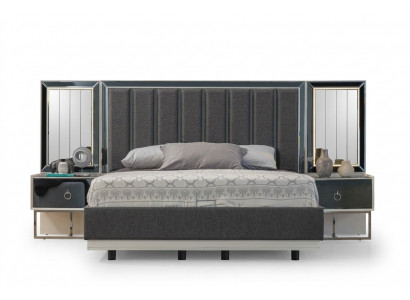 Grijze slaapkamer set: roestvrijstalen bed met 2 houten nachtkastjes, 3-delige set.