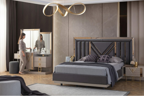 Compleet slaapkamer set Grijze bed Kaptafel met spiegel