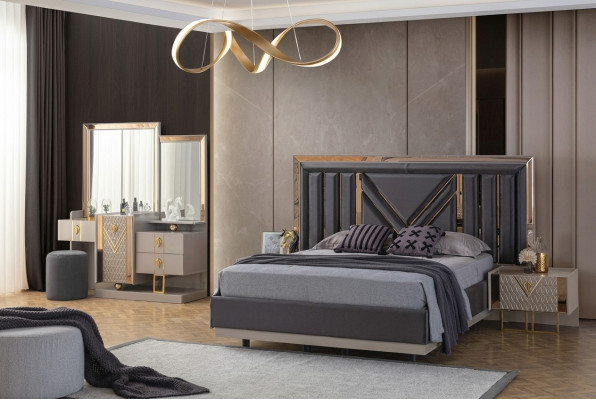 Compleet slaapkamer set Grijze bed Kaptafel met spiegel