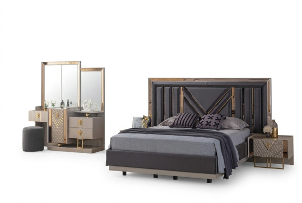 Compleet slaapkamer set Grijze bed Kaptafel met spiegel