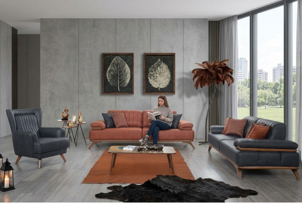 Ontwerper woonkamer set kunstleer banken leren fauteuil 3-delige meubelset