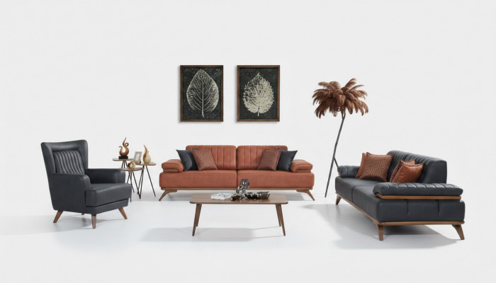Ontwerper woonkamer set kunstleer banken leren fauteuil 3-delige meubelset