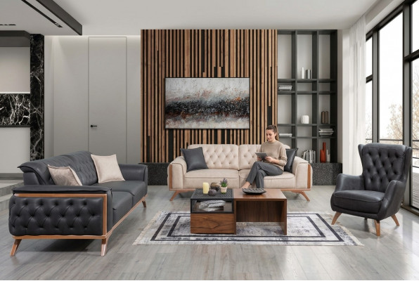 Stijlvolle zwart-beige woonkamerbankstel 3+3+1 zits 3-delige set