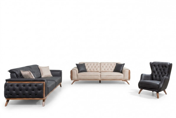 Stijlvolle zwart-beige woonkamerbankstel 3+3+1 zits 3-delige set
