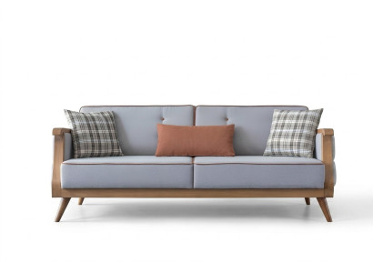 Blauw stoffen bankstel woonkamer driezits gestoffeerd meubilair houten frame bank