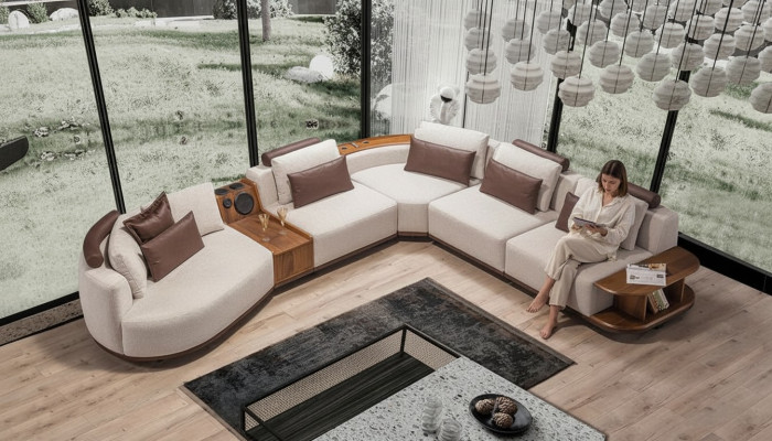 Beige woonkamer hoekbank Exclusieve L-vorm bank Modern houten frame