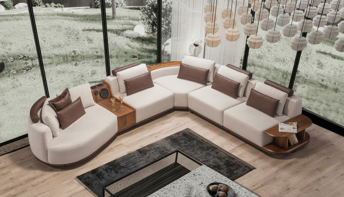 Beige woonkamer hoekbank Exclusieve L-vorm bank Modern houten frame