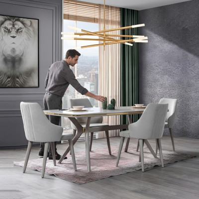 Moderne eettafel met 6 stoelen, ontworpen luxe eetkamermeubels houten eetgroep.