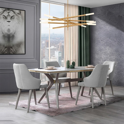 Moderne eettafel met 6 stoelen, ontworpen luxe eetkamermeubels houten eetgroep.