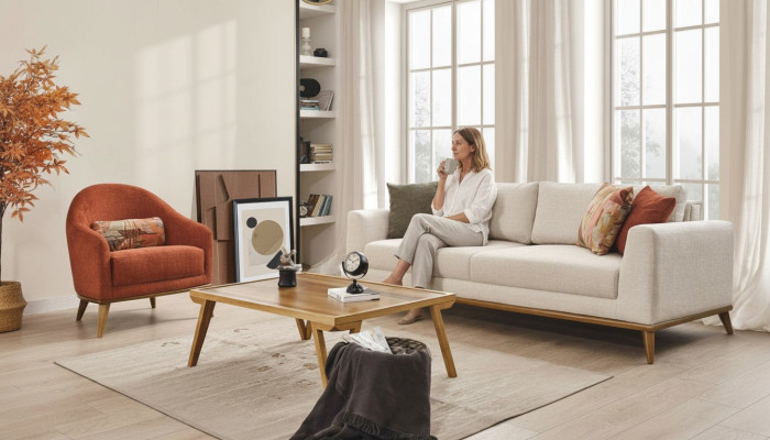 Sofa set 3 + 1 zits Design meubels 2 delen Beige banken Bank Stof