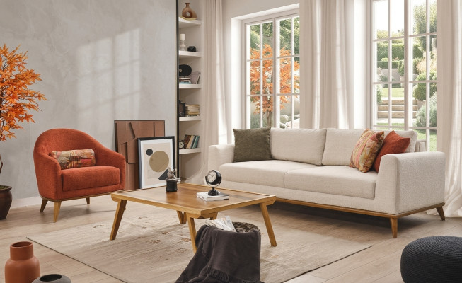 Sofa set 3 + 1 zits Design meubels 2 delen Beige banken Bank Stof
