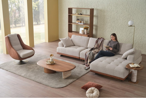 Stijlvolle woonkamerset 2-delig. Luxe hoekbank in L-vorm + fauteuil designer set.