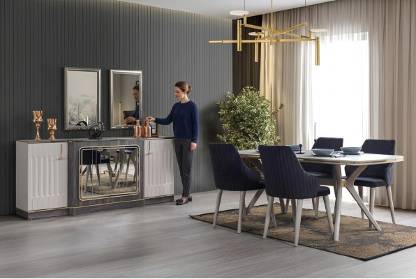 Luxe eetkamerset eettafel + 6 stoelen + dressoir met 2 spiegels nieuw set