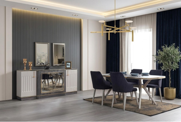 Luxe eetkamerset eettafel + 6 stoelen + dressoir met 2 spiegels nieuw set