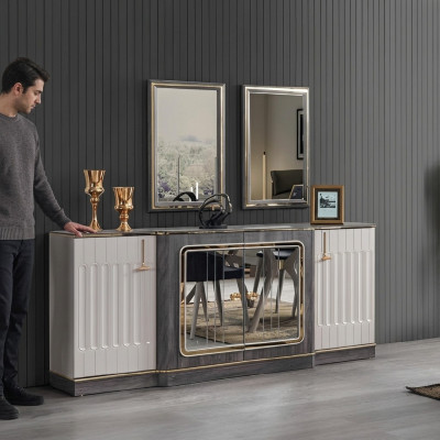 Modern dressoir met 2 spiegels, ontworpen woonkamerm meubels houten ladekast.