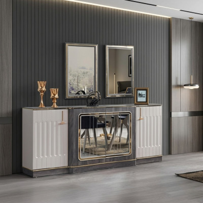 Modern dressoir met 2 spiegels, ontworpen woonkamerm meubels houten ladekast.