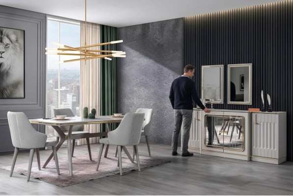 Eetkamer set met dressoir, 2 spiegels, tafel en 6 stoelen - 10-delig.