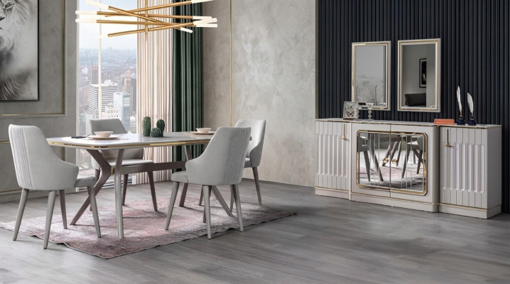 Eetkamer set met dressoir, 2 spiegels, tafel en 6 stoelen - 10-delig.