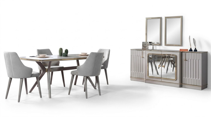 Eetkamer set met dressoir, 2 spiegels, tafel en 6 stoelen - 10-delig.