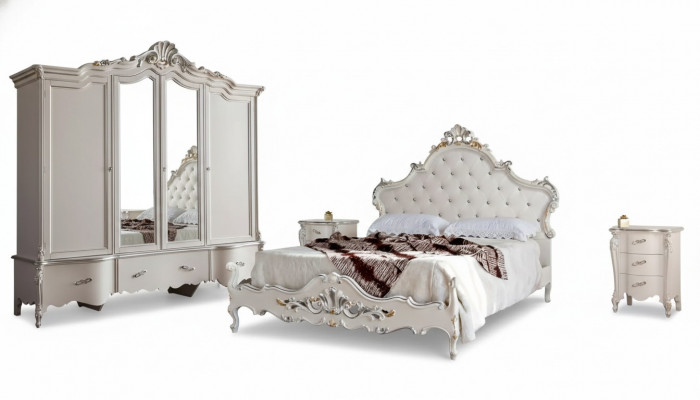 Witte slaapkamer set Klassiek bed 2x nachtkastjes Kledingkast