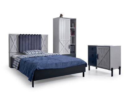 Luxe Modern Blau Slaapkamer Set Bed Commode Boekenkast Hout Nieuw 3-delig