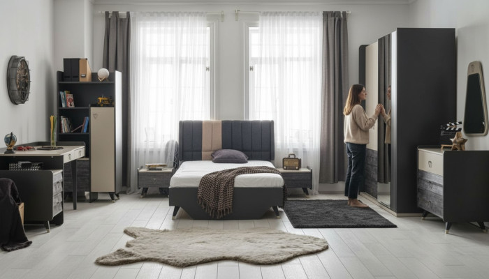 Luxe grijze slaapkamer set kinderkamer jeugdkamer 7 delig bed