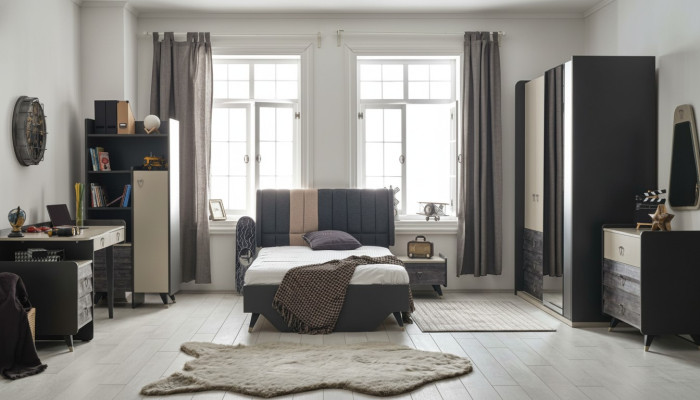 Luxe grijze slaapkamer set kinderkamer jeugdkamer 7 delig bed