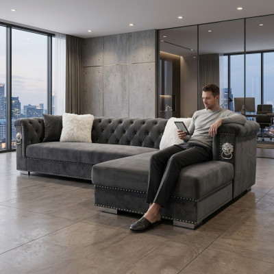 Hoekbank Bank Bankstel Design Bankstellen Woonlandschap Grijs Stof