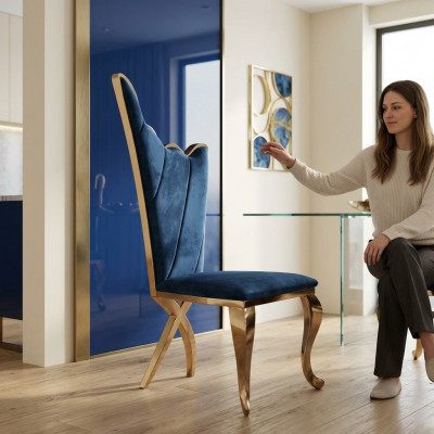 Stijlvolle fauteuil Stoel Blauw Zitting Kussen Ontwerp Metaal Textiel Modern Stijl
