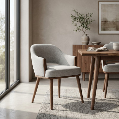 Beige gestoffeerde houten keukenstoel met armleuningen.