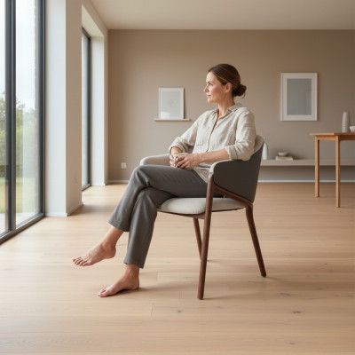 Ontwerper Taupe eetkamerstoel met houten frame, luxe bekleding, eenpersoonsstoelen.