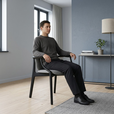 Ontwerper Grijze Eetkamerstoel Houten Frame Armleuningen Stoel Bekleding Meubels