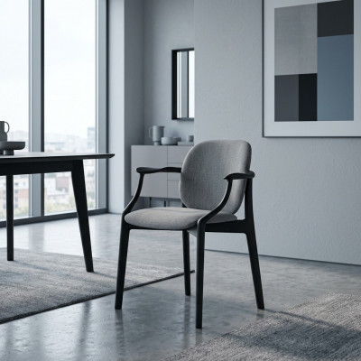 Ontwerper Grijze Eetkamerstoel Houten Frame Armleuningen Stoel Bekleding Meubels