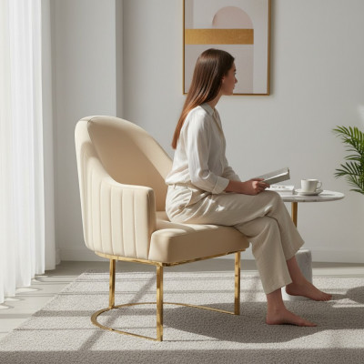 Beige eetkamerstoel, ontwerper met één zitplaats, textielmeubels, gestoffeerde stoelen