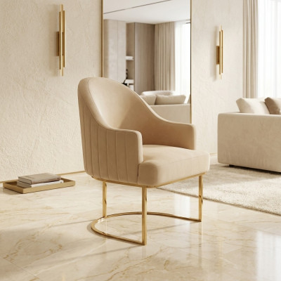 Beige eetkamerstoel, ontwerper met één zitplaats, textielmeubels, gestoffeerde stoelen