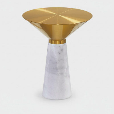Moderne ronde bijzettafel, koffietafel, gouden salontafel, marmer.