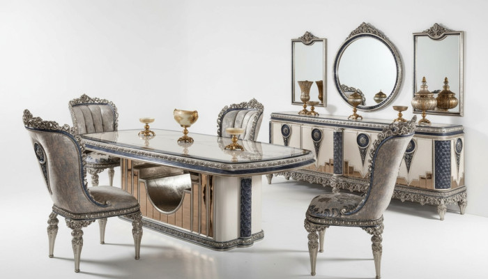 Grijze eetkamerset, klassieke eetkamermeubels, eettafel, dressoir, nieuw