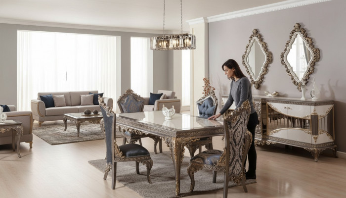 Wit-Taupe eetkamerset eettafel eetkamerstoelen dressoir spiegel