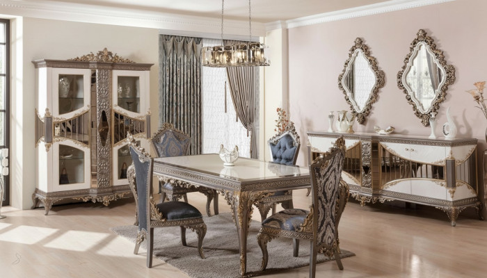 Wit-Taupe eetkamerset eettafel eetkamerstoelen dressoir spiegel